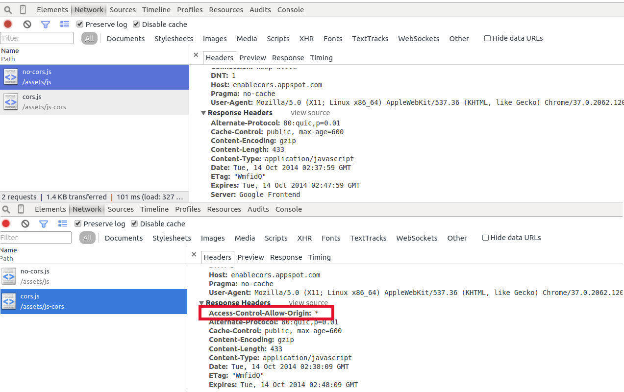 chrome dev tools screenshot showing cors headers in net tab