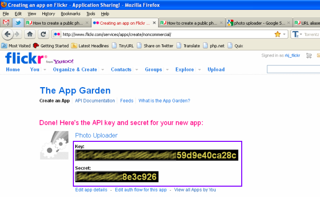 flickr API key and secret
